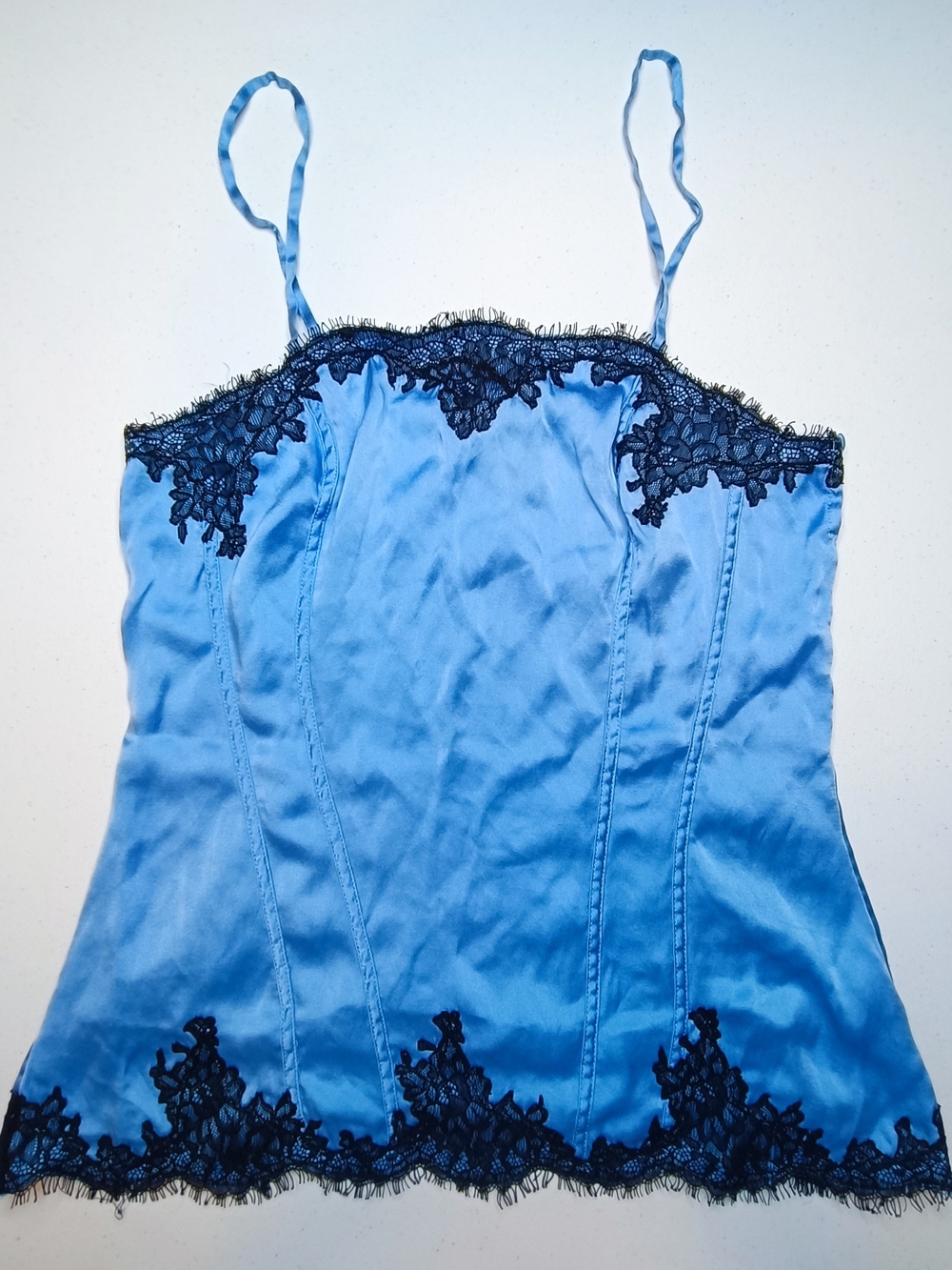 WHBM Vintage Y2K Azure Blue Stretch Silk Black Lace Cami Top XS